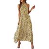 imagePRETTYGARDEN Womens Summer Floral Maxi Sun Dress Sleeveless Halter Neck Flowy Ruffle Hem Long Boho Dresses with BeltFloral Yellow