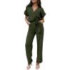 imagePRETTYGARDEN Womens Summer One Piece Jumpsuits Belted Short Sleeve Wrap V Neck Fashion Dressy Casual Wide Leg Pants RomperArmy Green