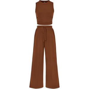 imagePRETTYGARDEN 2 Piece Sets for Women 2025 Summer Sleeveless Tank Ribbed Travel Beach Vacation Spring Lounge Wear OutfitsBrown