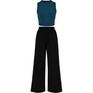 imagePRETTYGARDEN 2 Piece Sets for Women 2025 Summer Sleeveless Tank Ribbed Travel Beach Vacation Spring Lounge Wear OutfitsLake Blue Black