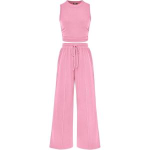 imagePRETTYGARDEN 2 Piece Sets for Women 2025 Summer Sleeveless Tank Ribbed Travel Beach Vacation Spring Lounge Wear OutfitsLight Pink