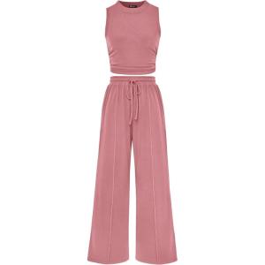 imagePRETTYGARDEN 2 Piece Sets for Women 2025 Summer Sleeveless Tank Ribbed Travel Beach Vacation Spring Lounge Wear OutfitsPink