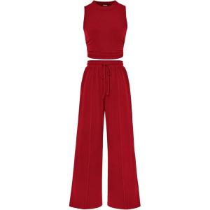 imagePRETTYGARDEN 2 Piece Sets for Women 2025 Summer Sleeveless Tank Ribbed Travel Beach Vacation Spring Lounge Wear OutfitsRed