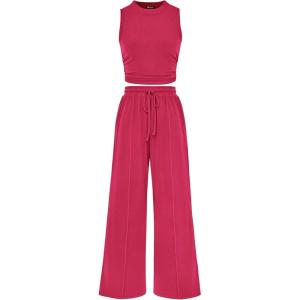 imagePRETTYGARDEN 2 Piece Sets for Women 2025 Summer Sleeveless Tank Ribbed Travel Beach Vacation Spring Lounge Wear OutfitsRose Red