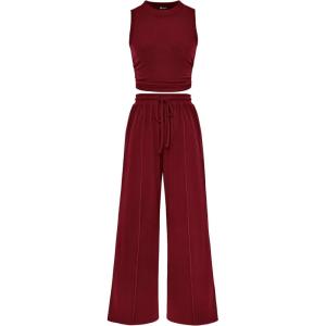 imagePRETTYGARDEN 2 Piece Sets for Women 2025 Summer Sleeveless Tank Ribbed Travel Beach Vacation Spring Lounge Wear OutfitsWine Red