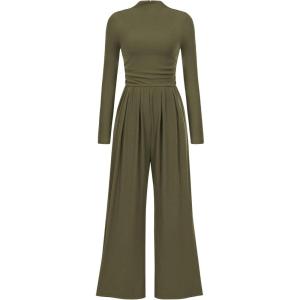 imagePRETTYGARDEN Jumpsuits For Women Dressy Fall Fashion Clothing 2025 Long Sleeve Mock Neck Date Night Rompers Business OutfitsArmy Green