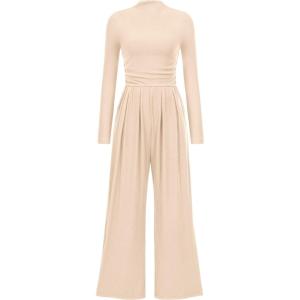 imagePRETTYGARDEN Jumpsuits For Women Dressy Fall Fashion Clothing 2025 Long Sleeve Mock Neck Date Night Rompers Business OutfitsBeige