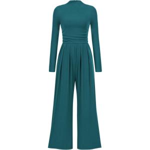 imagePRETTYGARDEN Jumpsuits For Women Dressy Fall Fashion Clothing 2025 Long Sleeve Mock Neck Date Night Rompers Business OutfitsBlue Green