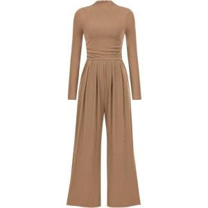 imagePRETTYGARDEN Jumpsuits For Women Dressy Fall Fashion Clothing 2025 Long Sleeve Mock Neck Date Night Rompers Business OutfitsCamel
