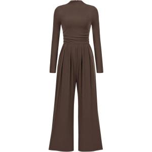imagePRETTYGARDEN Jumpsuits For Women Dressy Fall Fashion Clothing 2025 Long Sleeve Mock Neck Date Night Rompers Business OutfitsCoffee