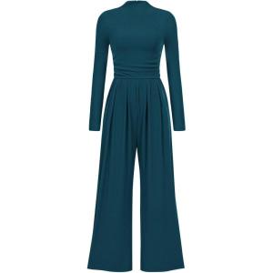 imagePRETTYGARDEN Jumpsuits For Women Dressy Fall Fashion Clothing 2025 Long Sleeve Mock Neck Date Night Rompers Business OutfitsLake Blue