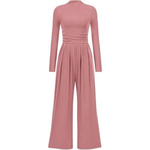 imagePRETTYGARDEN Jumpsuits For Women Dressy Fall Fashion Clothing 2025 Long Sleeve Mock Neck Date Night Rompers Business OutfitsPink
