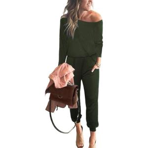 imagePRETTYGARDEN Jumpsuits for Women Dressy 2025 Fall Long Sleeve Off Shoulder Elastic Waist Rompers One Piece Travel OutfitsArmy Green