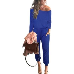 imagePRETTYGARDEN Jumpsuits for Women Dressy 2025 Fall Long Sleeve Off Shoulder Elastic Waist Rompers One Piece Travel OutfitsBlue