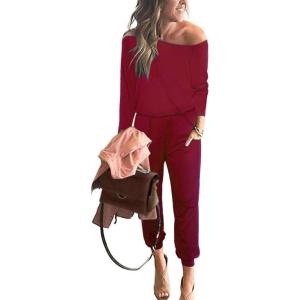 imagePRETTYGARDEN Jumpsuits for Women Dressy 2025 Fall Long Sleeve Off Shoulder Elastic Waist Rompers One Piece Travel OutfitsBrick Red