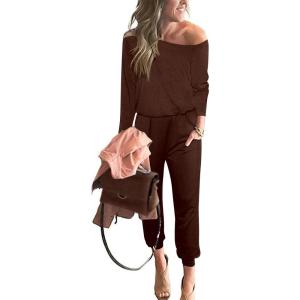 imagePRETTYGARDEN Jumpsuits for Women Dressy 2025 Fall Long Sleeve Off Shoulder Elastic Waist Rompers One Piece Travel OutfitsBrown