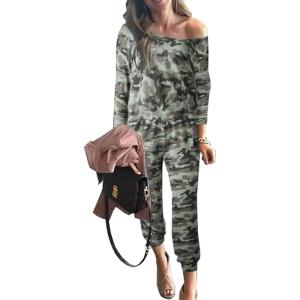imagePRETTYGARDEN Jumpsuits for Women Dressy 2025 Fall Long Sleeve Off Shoulder Elastic Waist Rompers One Piece Travel OutfitsCamo