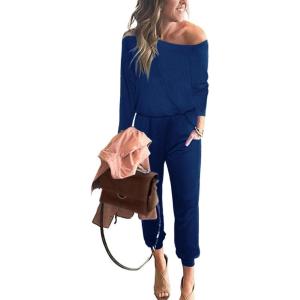imagePRETTYGARDEN Jumpsuits for Women Dressy 2025 Fall Long Sleeve Off Shoulder Elastic Waist Rompers One Piece Travel OutfitsDark Blue