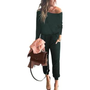 imagePRETTYGARDEN Jumpsuits for Women Dressy 2025 Fall Long Sleeve Off Shoulder Elastic Waist Rompers One Piece Travel OutfitsDeep Green
