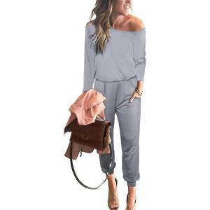 imagePRETTYGARDEN Jumpsuits for Women Dressy 2025 Fall Long Sleeve Off Shoulder Elastic Waist Rompers One Piece Travel OutfitsGrey
