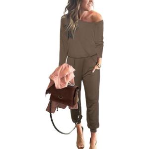imagePRETTYGARDEN Jumpsuits for Women Dressy 2025 Fall Long Sleeve Off Shoulder Elastic Waist Rompers One Piece Travel OutfitsKhaki