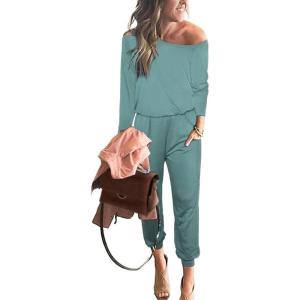 imagePRETTYGARDEN Jumpsuits for Women Dressy 2025 Fall Long Sleeve Off Shoulder Elastic Waist Rompers One Piece Travel OutfitsLight Green