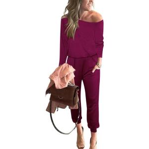 imagePRETTYGARDEN Jumpsuits for Women Dressy 2025 Fall Long Sleeve Off Shoulder Elastic Waist Rompers One Piece Travel OutfitsPurple