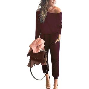 imagePRETTYGARDEN Jumpsuits for Women Dressy 2025 Fall Long Sleeve Off Shoulder Elastic Waist Rompers One Piece Travel OutfitsWine Red