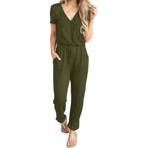 imagePRETTYGARDEN Jumpsuits for Women Dressy 2025 Summer Casual Short Sleeve Romper Spring Airport Beach Vacation Travel OutfitsArmy Green