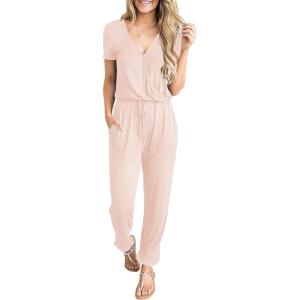 imagePRETTYGARDEN Jumpsuits for Women Dressy 2025 Summer Casual Short Sleeve Romper Spring Airport Beach Vacation Travel OutfitsBeige