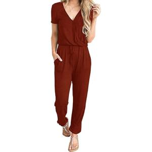 imagePRETTYGARDEN Jumpsuits for Women Dressy 2025 Summer Casual Short Sleeve Romper Spring Airport Beach Vacation Travel OutfitsBrick Red