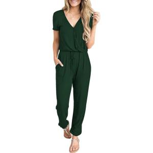 imagePRETTYGARDEN Jumpsuits for Women Dressy 2025 Summer Casual Short Sleeve Romper Spring Airport Beach Vacation Travel OutfitsDark Green