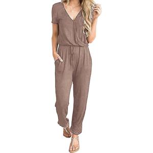 imagePRETTYGARDEN Jumpsuits for Women Dressy 2025 Summer Casual Short Sleeve Romper Spring Airport Beach Vacation Travel OutfitsDark Khaki
