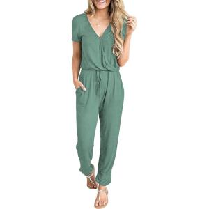 imagePRETTYGARDEN Jumpsuits for Women Dressy 2025 Summer Casual Short Sleeve Romper Spring Airport Beach Vacation Travel OutfitsFruit Green