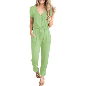 imagePRETTYGARDEN Jumpsuits for Women Dressy 2025 Summer Casual Short Sleeve Romper Spring Airport Beach Vacation Travel OutfitsLight Green