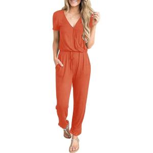 imagePRETTYGARDEN Jumpsuits for Women Dressy 2025 Summer Casual Short Sleeve Romper Spring Airport Beach Vacation Travel OutfitsOrange Red