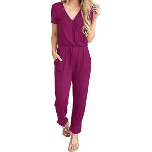 imagePRETTYGARDEN Jumpsuits for Women Dressy 2025 Summer Casual Short Sleeve Romper Spring Airport Beach Vacation Travel OutfitsPurple Red