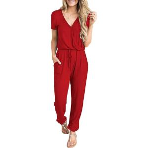 imagePRETTYGARDEN Jumpsuits for Women Dressy 2025 Summer Casual Short Sleeve Romper Spring Airport Beach Vacation Travel OutfitsRed
