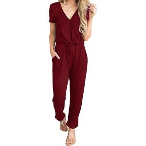 imagePRETTYGARDEN Jumpsuits for Women Dressy 2025 Summer Casual Short Sleeve Romper Spring Airport Beach Vacation Travel OutfitsWine Red