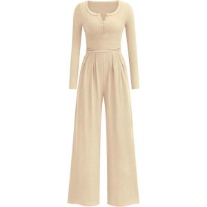 imagePRETTYGARDEN Jumpsuits for Women Dressy Casual 2025 Fall One Piece Outfits Long Sleeve Wide Leg Pants Romper Fashion ClothingBeige