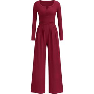 imagePRETTYGARDEN Jumpsuits for Women Dressy Casual 2025 Fall One Piece Outfits Long Sleeve Wide Leg Pants Romper Fashion ClothingBurgundy