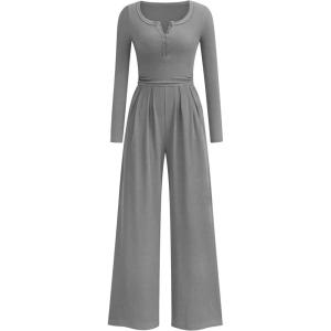 imagePRETTYGARDEN Jumpsuits for Women Dressy Casual 2025 Fall One Piece Outfits Long Sleeve Wide Leg Pants Romper Fashion ClothingGrey