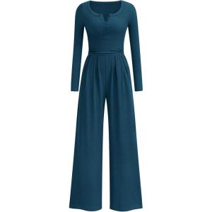 imagePRETTYGARDEN Jumpsuits for Women Dressy Casual 2025 Fall One Piece Outfits Long Sleeve Wide Leg Pants Romper Fashion ClothingLake Blue