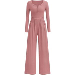 imagePRETTYGARDEN Jumpsuits for Women Dressy Casual 2025 Fall One Piece Outfits Long Sleeve Wide Leg Pants Romper Fashion ClothingPink