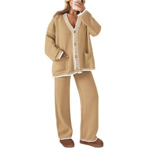 imagePRETTYGARDEN Lounge Sets for Women Fall 2025 Loungewear 2 Piece Outfits Cardigan Sweaters Track Suit Matching Winter ClothingKhaki