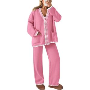imagePRETTYGARDEN Lounge Sets for Women Fall 2025 Loungewear 2 Piece Outfits Cardigan Sweaters Track Suit Matching Winter ClothingPink