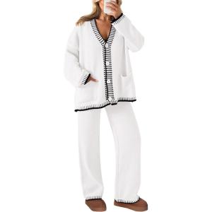 imagePRETTYGARDEN Lounge Sets for Women Fall 2025 Loungewear 2 Piece Outfits Cardigan Sweaters Track Suit Matching Winter ClothingWhite