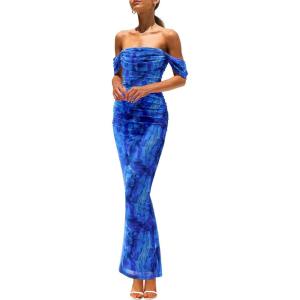 imagePRETTYGARDEN Maxi Dresses for Women 2025 Summer Elegant Floral Off Shoulder Ruched Mesh Cocktail Wedding Guest DressBright Blue