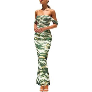 imagePRETTYGARDEN Maxi Dresses for Women 2025 Summer Elegant Floral Off Shoulder Ruched Mesh Cocktail Wedding Guest DressDark Army Green Floral