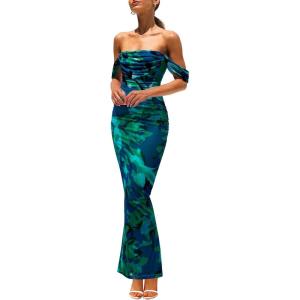 imagePRETTYGARDEN Maxi Dresses for Women 2025 Summer Elegant Floral Off Shoulder Ruched Mesh Cocktail Wedding Guest DressGreen Floral